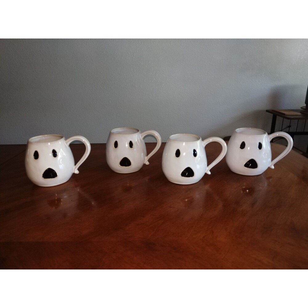 Lot 4x Vintage Pottery Barn Ghost Coffee Tea Mugs Halloween First Edition White